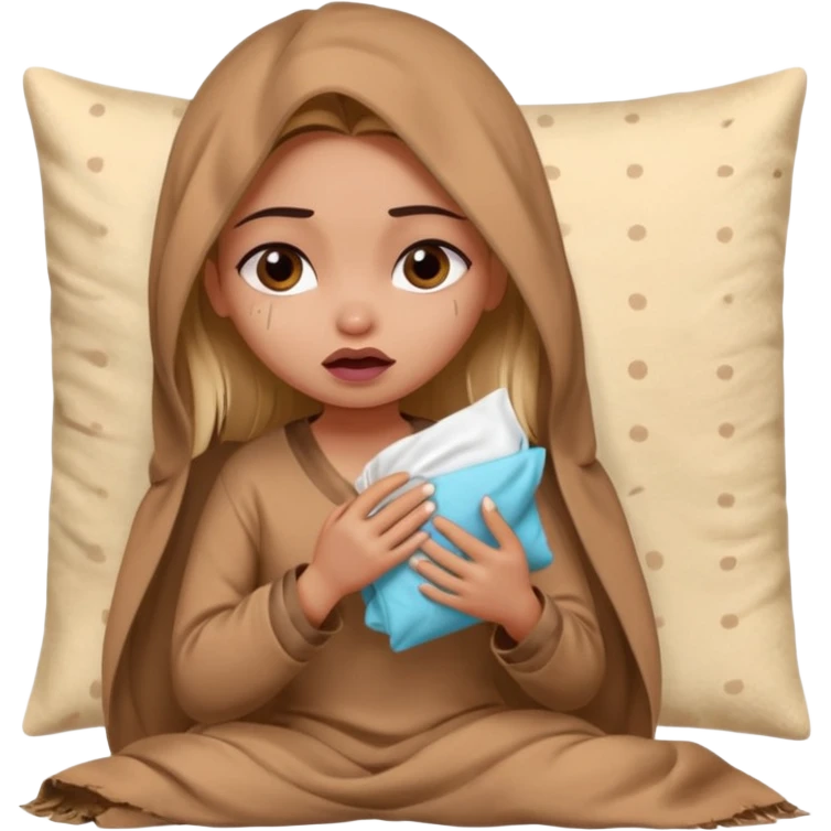 a pretty bratz fair indian girl wearing a brown pajamas and blnaket, dark circles, crying, holding tissues emoji