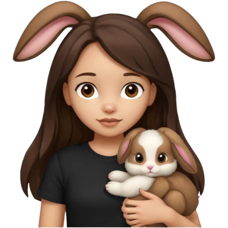 Girl About 15 years old with light skin and brunette Long slightly wavy hair, with dark brown eyes. Shes wearing black t-shirt. In her hand she's holding a brown bunny with ears down emoji