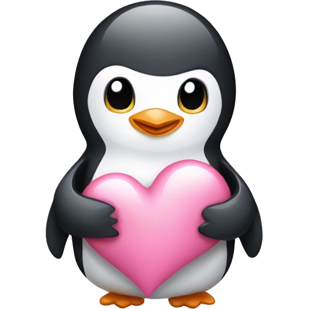 Shy penguin holding pink heart emoji