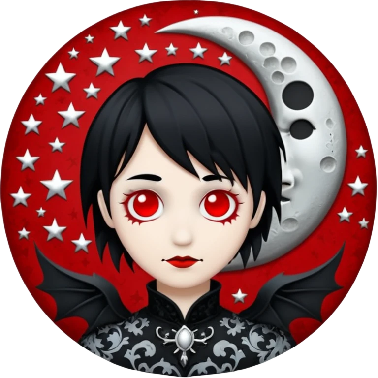 Gothic edgy emo black and white and red and silvery starry damask moon emoji