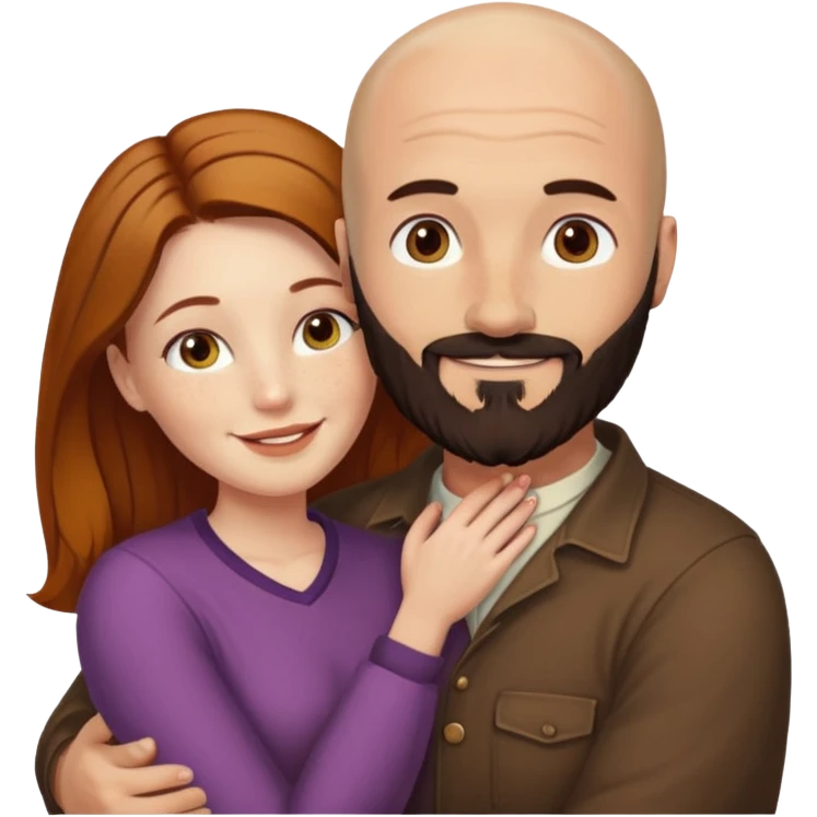 Couple. Bald man with dark brown-black beard. White woman with many small, faded freckles, she has white skin and she has auburn-yellow-brown-cinnamon, dark long hair. She has light brown eyes. The man have hazel eyes. Retro style. They hug. emoji