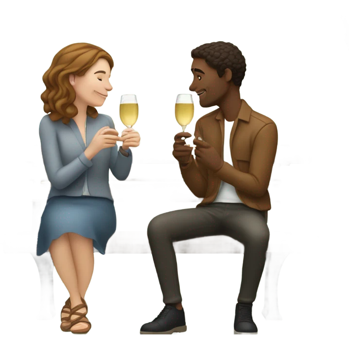 couple of white people with brown hair, sitting closely on a park bench, enjoying a romantic moment. One person is holding a croissant, and the other is holding a glass of Prosecco.  emoji