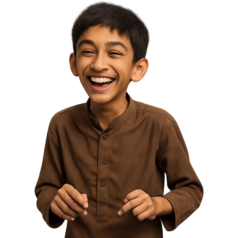 young, thin Pakistani boy with a big grin, looking like he's about to tell a joke emoji