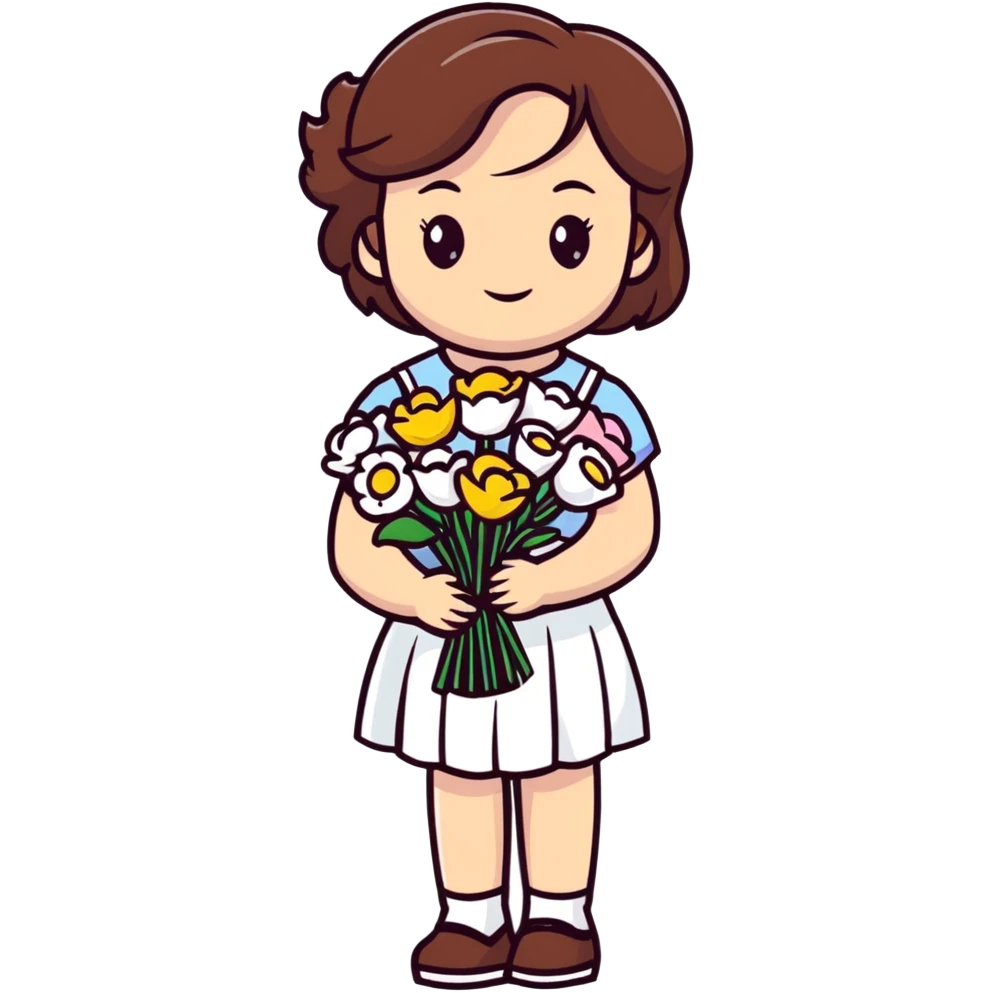 girl with brown hair wearing a white skirt holding a bouquet of flowers emoji