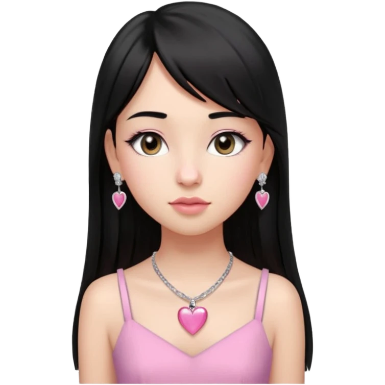 Cabelos pretos longos lisos ,com franja curvada .olhos pretos puxadinho para cima. Cílios longos curvados. Pele clara ,nariz pequeno ,lábios carnudos ,adolescente 16 anos ,vestido rosa de alça, colar de coração prata ,brinco de diamante emoji