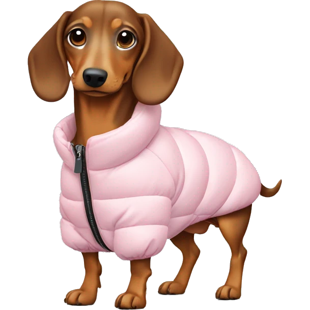 Dashchund wearing a light pink puffer jacket  emoji
