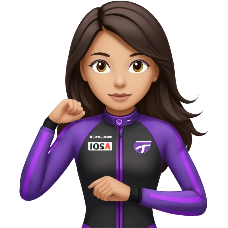 brunette long hair woman with black racing outfit with single purple strips on arms emoji
