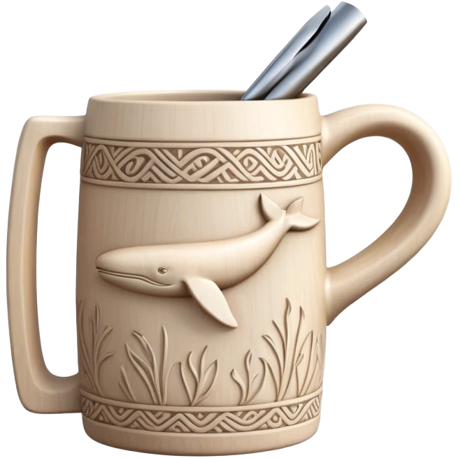Scandinavian carving icon, whale bone mug or vase with intricate Norse patterns, chisels and carving tools, minimalistic style, clean lines, transparent background. emoji