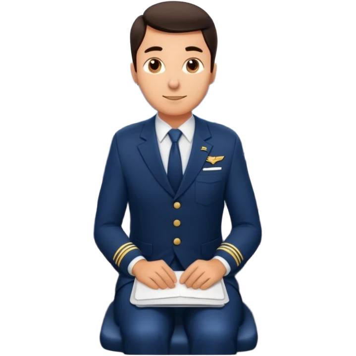 A  male courteous flight attendant checking seat rows with a polite, attentive posture. emoji