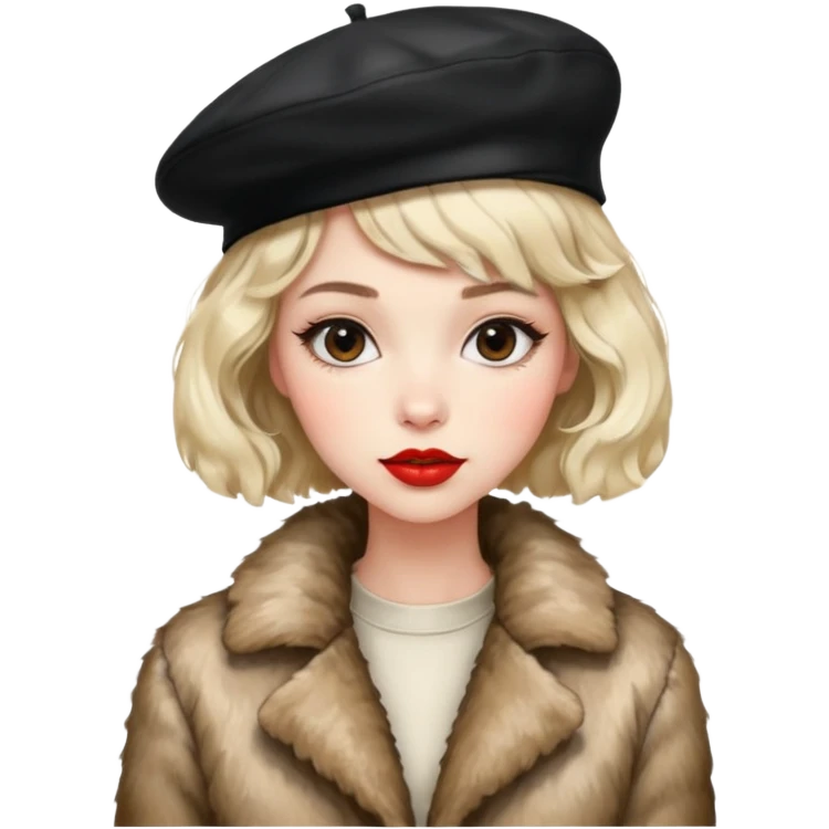 Alluring 1970's beret French girl french shiny black wavy textured bob haircut tousled hair red lips wearing furry jacket emoji