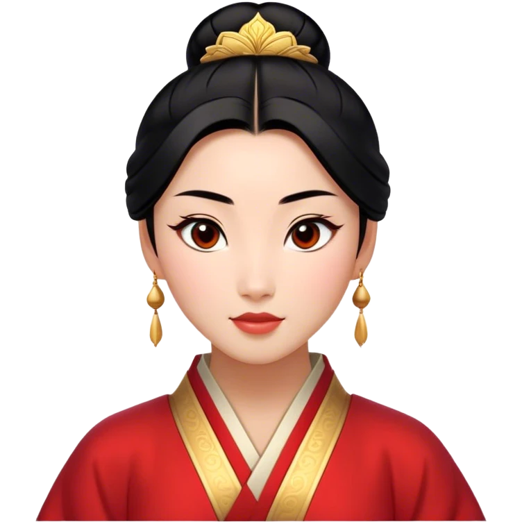 Cinematic Elegant Mulan Portrait Emoji, rendered in a flat, vector-style with minimal shading and bold, simplified shapes. Depict Mulan (chest and above) with warm, light-toned skin, almond-shaped eyes, and sleek black hair styled in a traditional bun. She wears a modest, traditional robe with subtle red and gold accents, glowing with a soft, refined radiance and high shine, capturing timeless beauty and inner strength. emoji