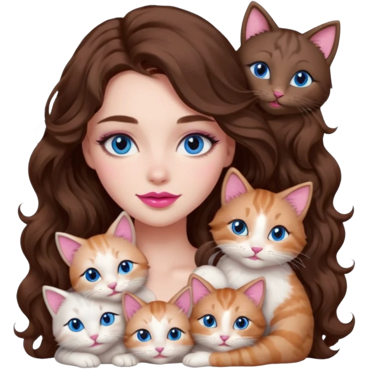 girl with long wavy brown hair, blue eyes, long lashes makeup, sexy pink lips, cuddling with 6 cats emoji