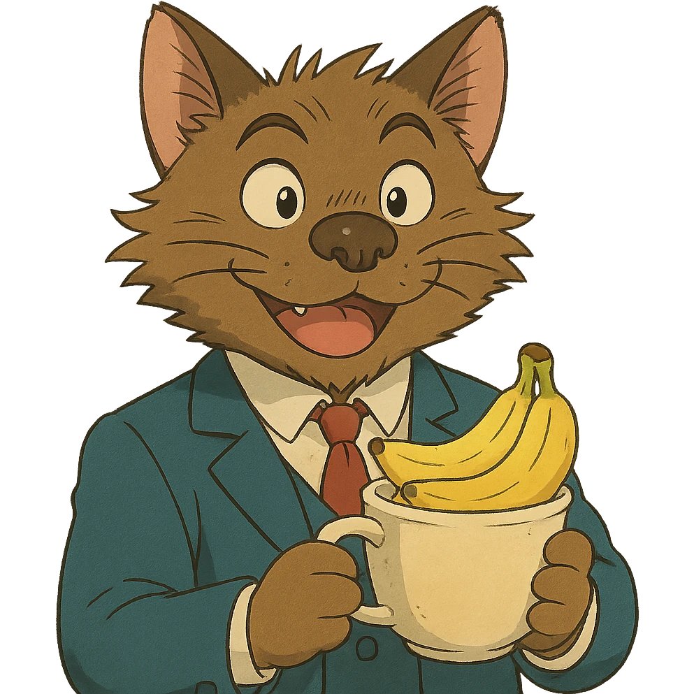 ghibli style cat with a dog nose, wearing a suit, earring, holding a cup of bananas, playful expression emoji