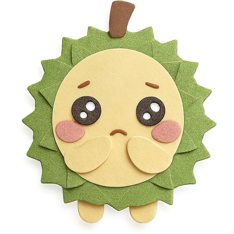 cute chibi soft fluffy durian character, round, green spiky shell, yellow flesh, blushing, shy, sparkly eyes, pastel, full-body emoji