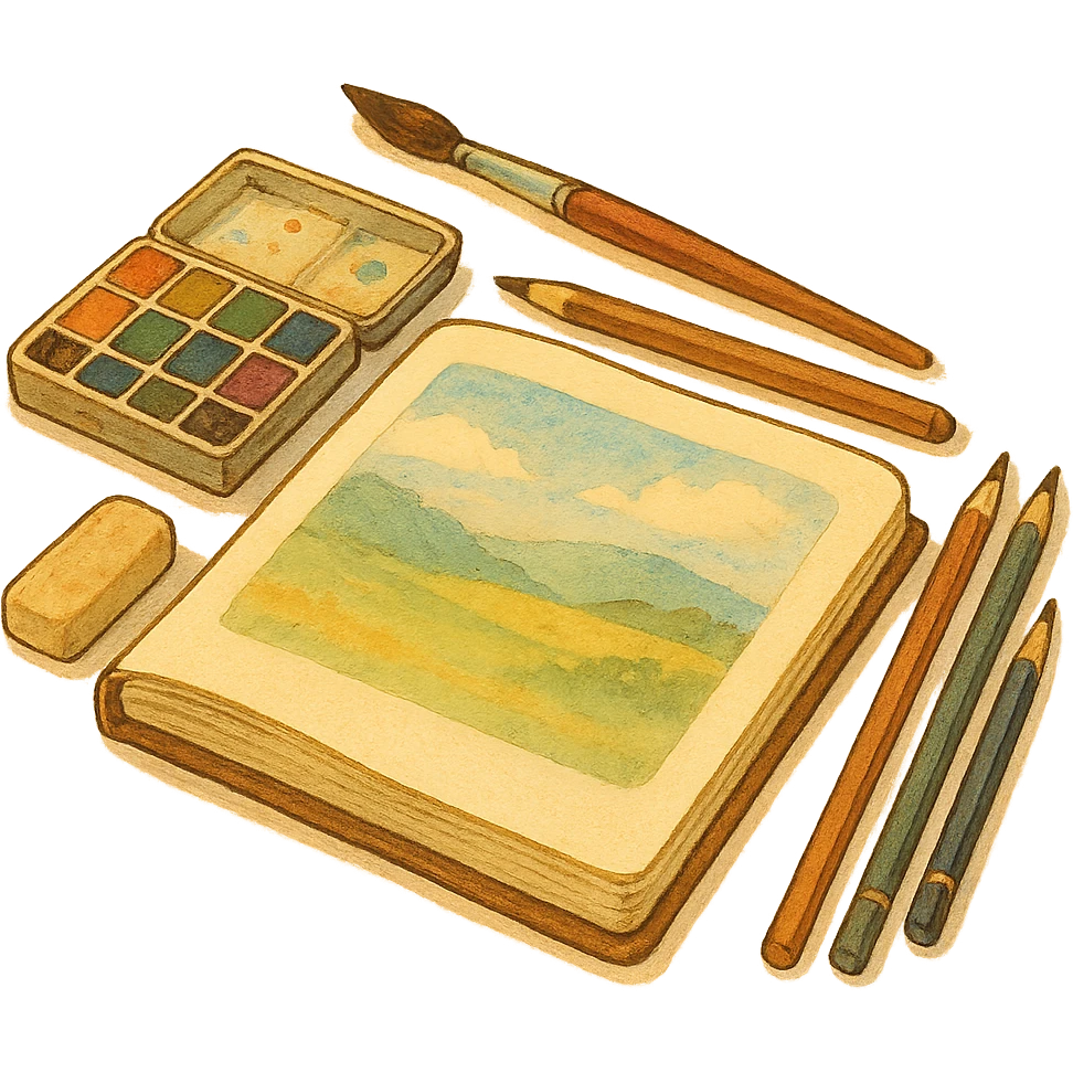 ghibli style illustration of a sketchbook with art supplies, warm and inviting emoji