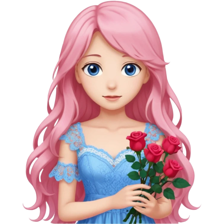 pastel anime woman with pink and white lace dress full body and long hair with roses and blue eyes emoji