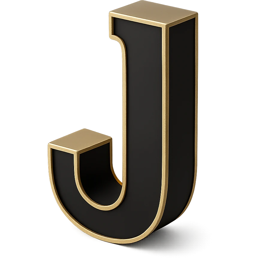 Create the letter J in the 3D Black style, matching the bold, clear, gold-edged look of the reference letter A. emoji