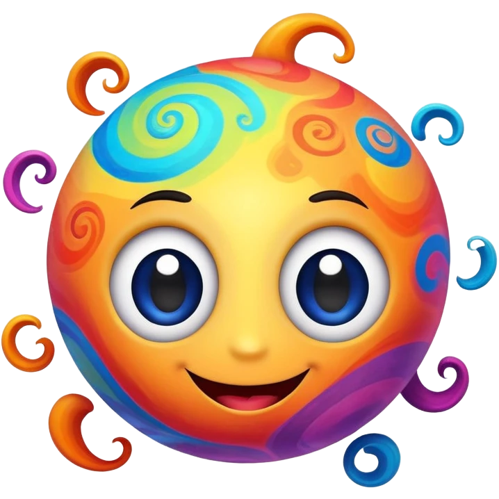 multicolored planet with swirls of bright colors and a happy smiling face with big eyes emoji