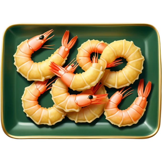 Tempura shrimps on an elegant rectangular dark green porcelain tray emoji
