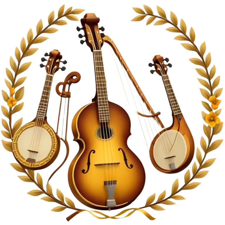 Design a sophisticated and festive emblem-like emoji representing plucked and stringed instruments. The layout should resemble a heraldic crest, featuring iconic instruments like a banjo, mandolin, domra, and sitar, artistically arranged in an elegant and symmetrical way. The necks of the instruments should be intertwined with a flowing ribbon of musical notes, winding around the strings and fretboards. The design should be detailed, showcasing the intricate carvings on the instruments, visible strings, and fret markers. Use a rich color palette with deep golds, browns, and vibrant accents to evoke a sense of luxury and celebration. The musical notes should appear to float around the instruments, connecting them in a graceful, dynamic way. Include ornate flourishes or decorative elements like laurels, swirls, or subtle engravings to give the image a professional, emblematic appearance. The background should be transparent. emoji