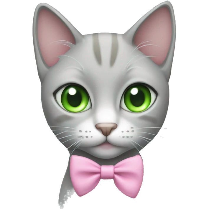 Light grey cat with green eyes wearing a pink bow emoji
