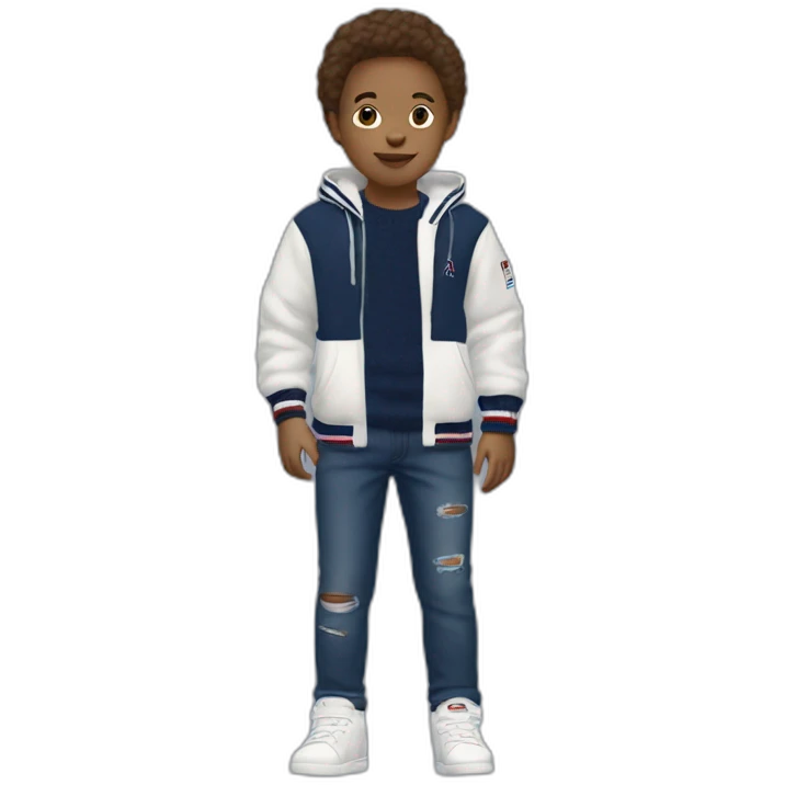 A child that is white with brown hair with a dark blue tommy hilfiger sweater with a dark blue jean and adidas shoes emoji