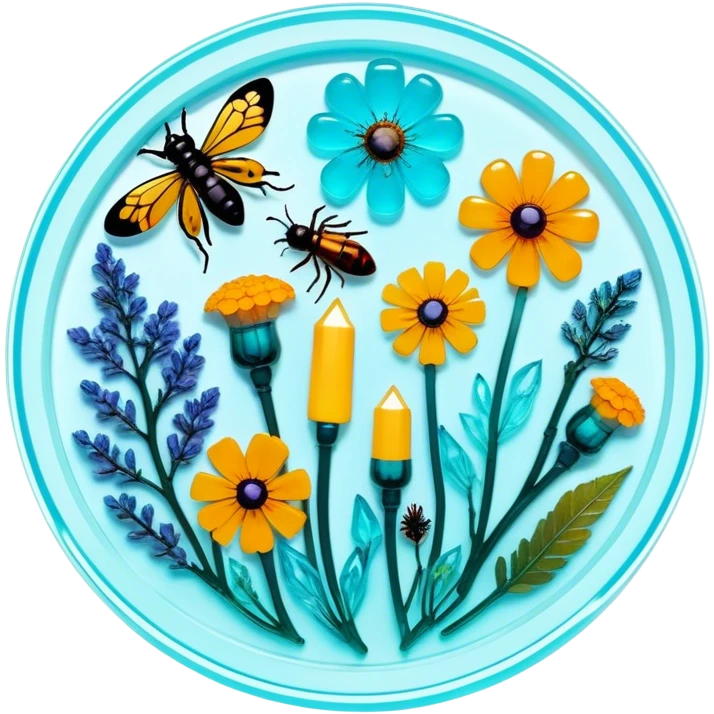 Epoxy resin art icon, jewelry and decorative items made with fluorescent epoxy resin, visible tubes of resin with bright colors, mixing tools, and molds, glowing effect on the resin, finished resin jewelry with dried flowers and insects embedded inside, minimalistic style, clean lines, transparent background emoji
