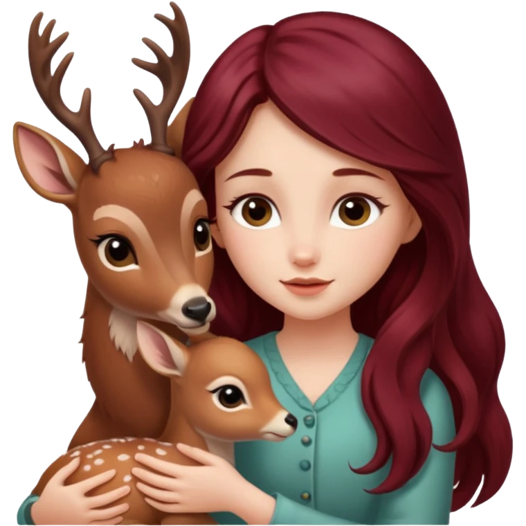 Beautiful burgundy long haired girl petting baby deer emoji