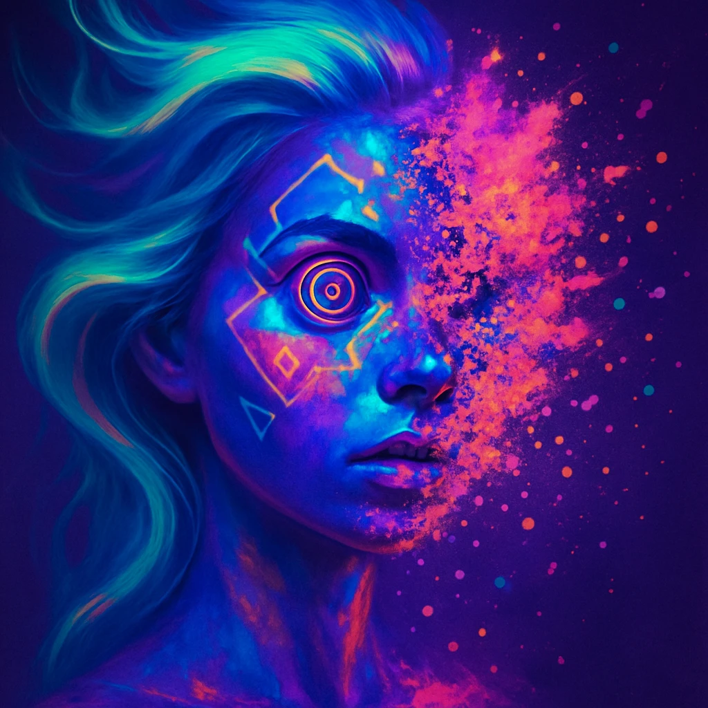 surreal neon portrait, skin in vibrant palette, face partially dissolving in colorful explosion, airbrush technique, hair as swirling liquid streams like northern lights, spiral eyes, geometric elements on face, paint particles flying, acid purple, turquoise, electric pink, sense of transformation emoji