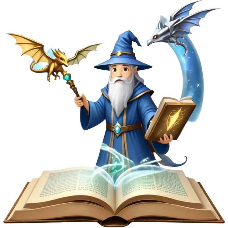 Icon for Fantasy and Sci-Fi Reading: an open book with magical creatures like dragons and fairies flying out, with a futuristic spaceship in the sky and a wizard casting spells. The icon should represent the magic and adventure of fantasy and science fiction worlds. Transparent background. emoji
