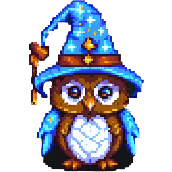 owl with a starry wizard hat pixel art emoji