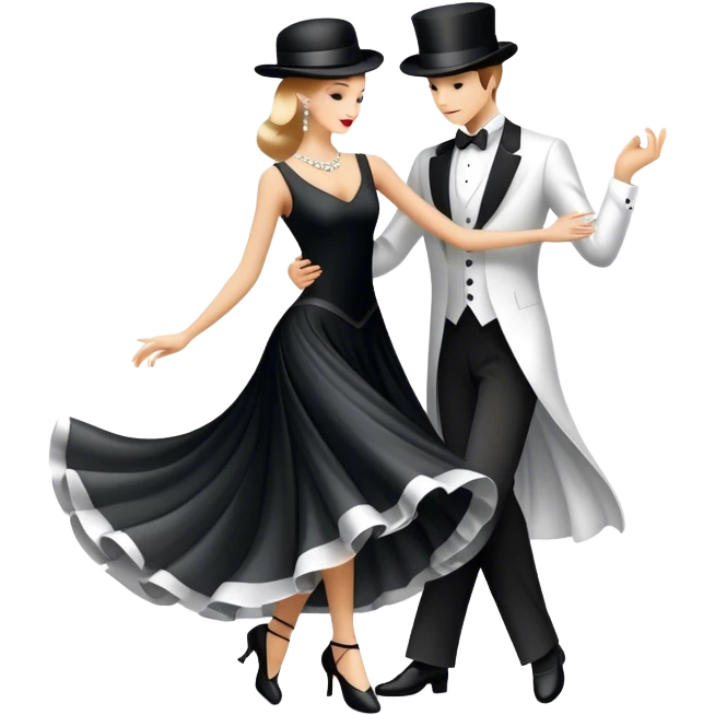 Humanless Icon for Ballroom Dancing: a pair of elegant dance shoes, a flowing dress, a top hat, and a dance floor spotlight. The icon should represent the elegance and atmosphere of ballroom dance, focusing on the iconic dance elements. Transparent background. emoji