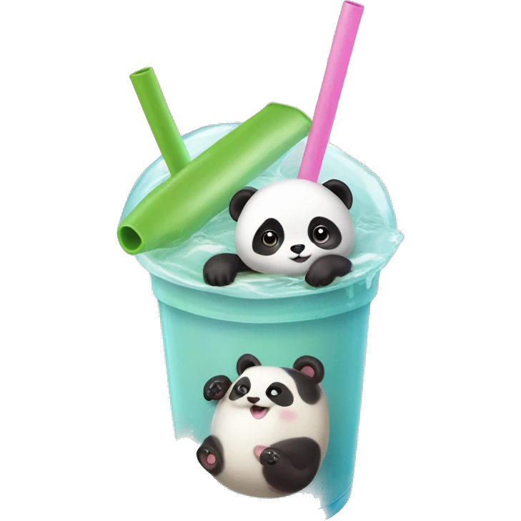 Bubble tea with a tiny miniature panda lounging on a itty bitty swim tube emoji