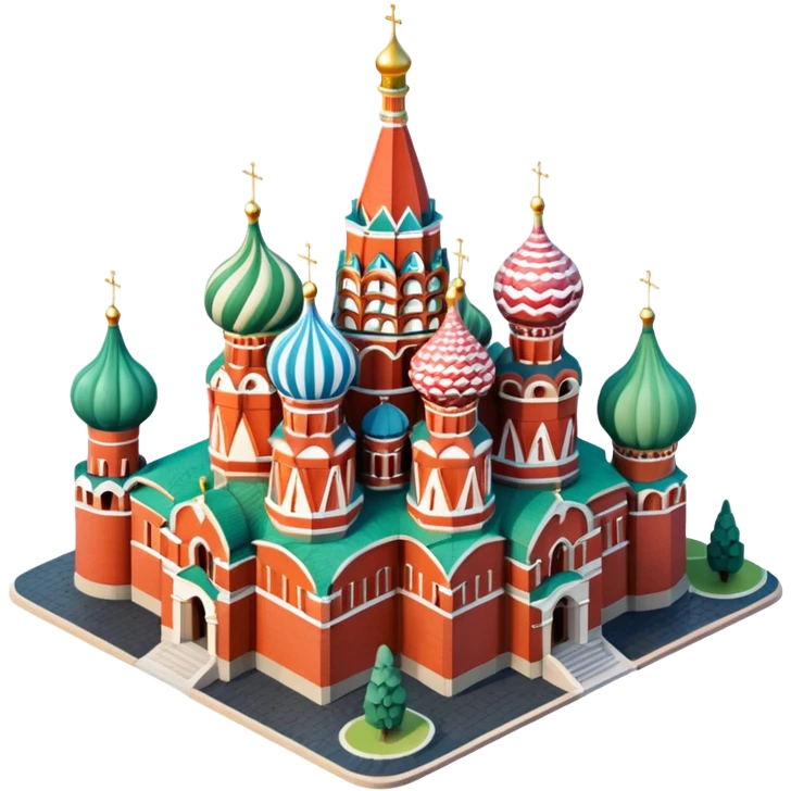 Isometric illustration of Moscow, featuring photorealistic Saint Basil's Cathedral with colorful onion domes, hand-drawn painterly details, subtle texture on bricks and roofs, realistic shadows and soft lighting, muted yet vivid color palette, diorama miniature effect. emoji