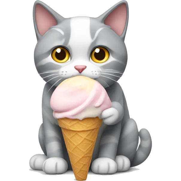 Grey and white cat eating ice cream emoji