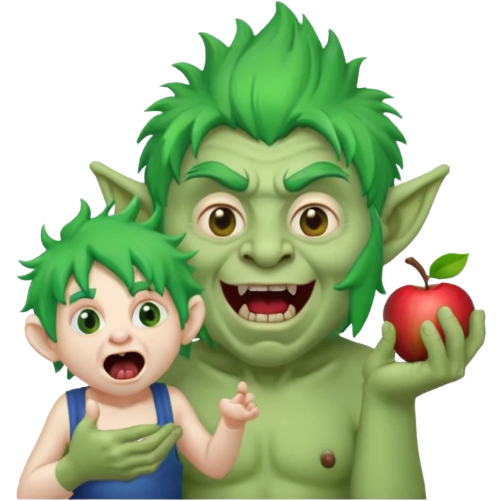 troll with wild hair clutching a miniature yelling elderly man, humorous, apple emoji style emoji