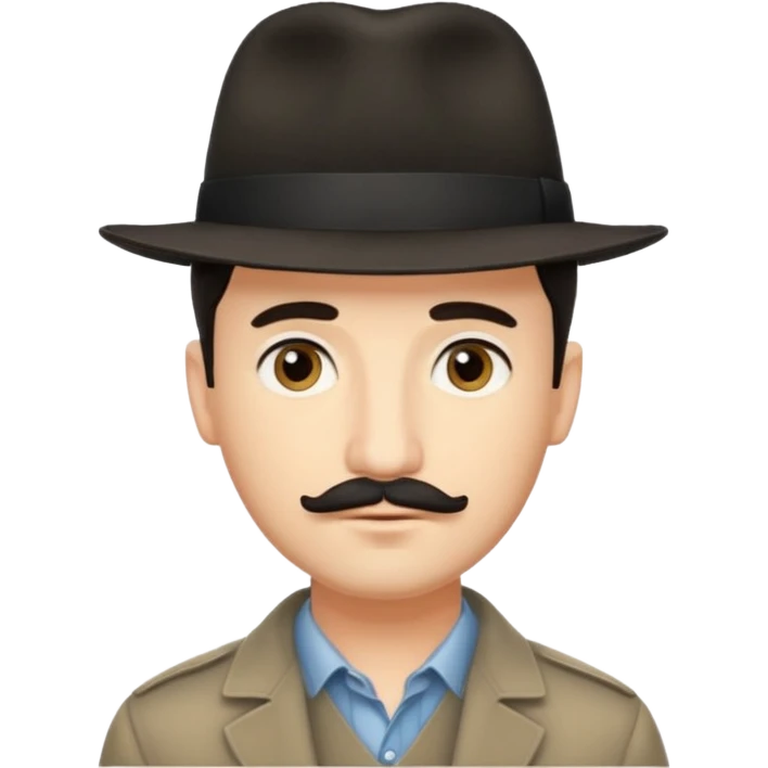 A light-skinned man with short dark hair, a thin mustache, and a black fedora, with an oval face and calm look. emoji