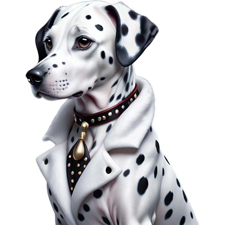 Cinematic Noble Dalmatian Portrait Emoji, Poised and regal, with a lean, athletic build and a glossy white coat adorned with distinctive black spots, deep-set soulful dark eyes, Simplified yet sharp and sophisticated features, highly detailed, glowing with a soft, dignified glow, high shine, intelligent and alert, stylized with an air of elegance, focused and attentive, soft glowing outline, capturing the essence of a watchful and confident companion, so majestic it feels as though it could dash out of the screen with effortless authority! emoji