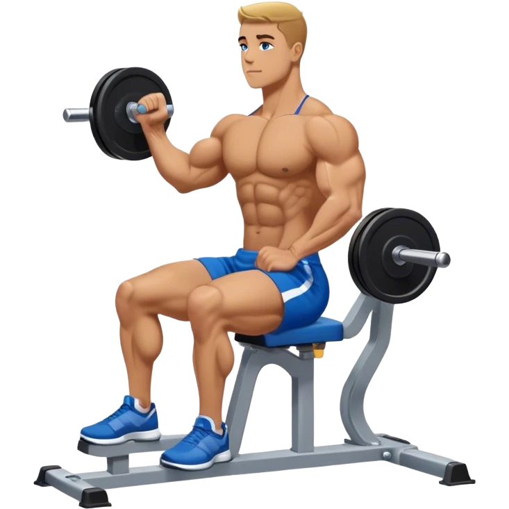 side-view bodybuilder in blue shorts seated weighted calf-raise machine on his tip toes emoji