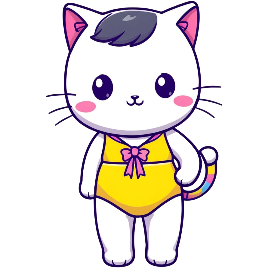 Cute short cat girl with bow, big head and small body in a colorful swimsuit, kawaii style emoji