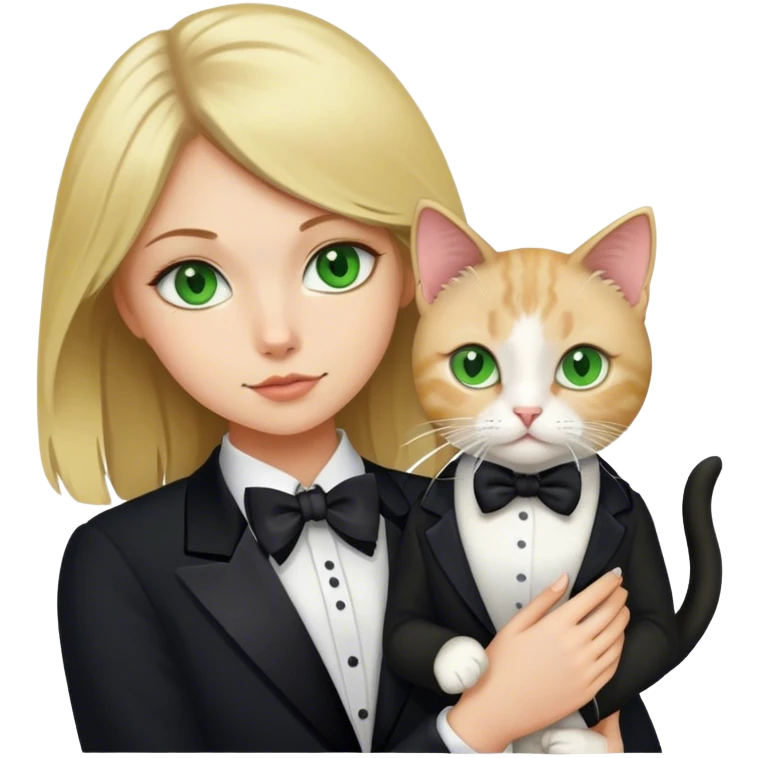 Dirty blonde green eyed girl holding tuxedo  cat￼ emoji