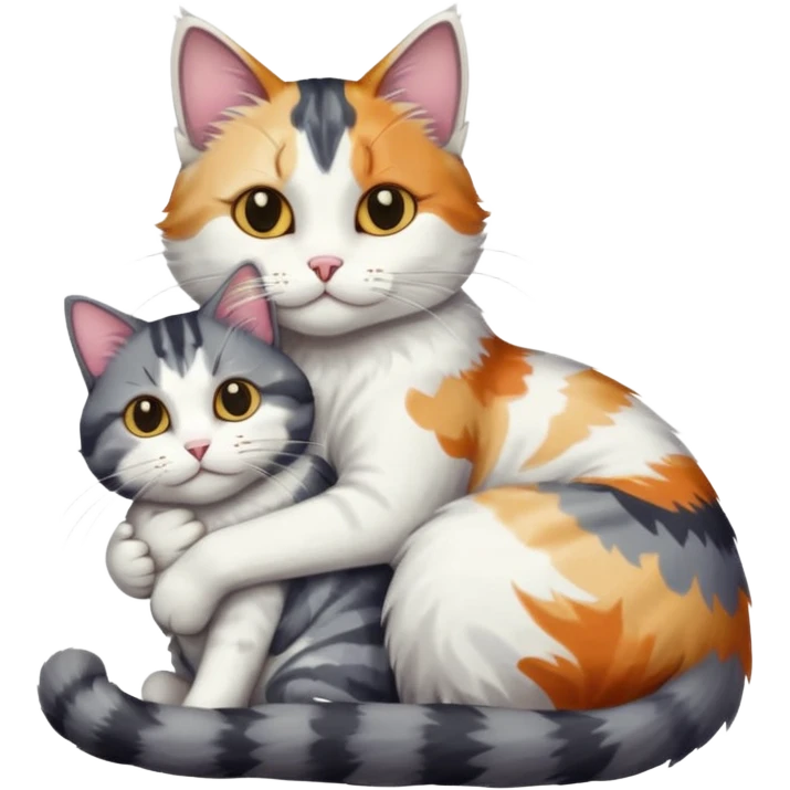 full body colourful light patched calico + white tabby cat cuddling a grey and white cat  emoji