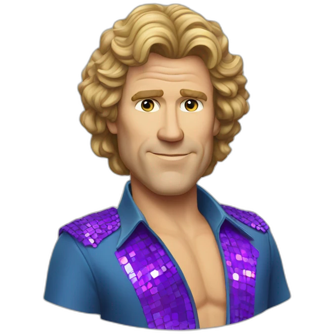 will ferrel realistic, with long blonde straight hair, disco outfit emoji