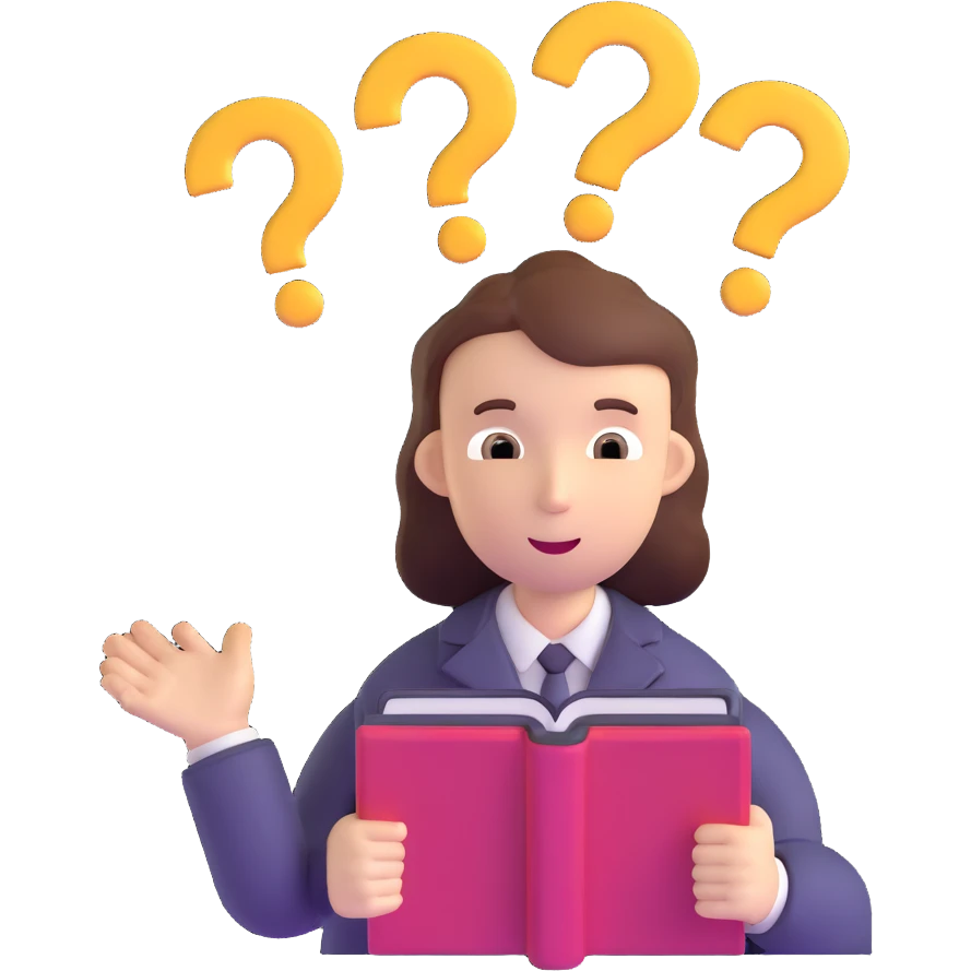 thoughtful character with question marks and open book emoji