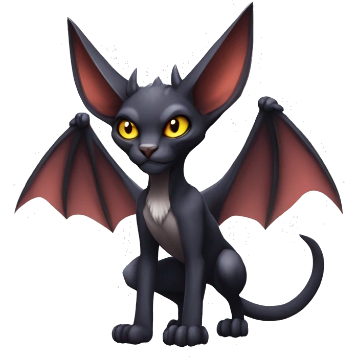 Black cool vampiric Noivern-Litten-Sphynx-Lykoi-Caracal-Fakemon with big bat ears full-body emoji
