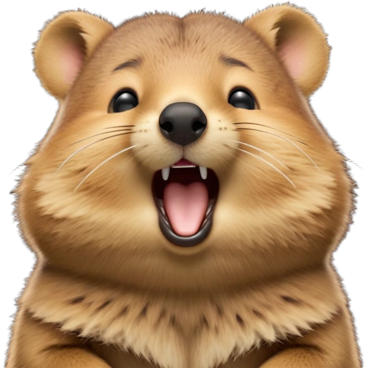 cinematic-realistic  yawning quokka-emoji,-small-round-frame, head tilted in an endearing manner, wouth wide open yawning, sleepy comical smile, fluffy cheeks, giant-fluffy-cheeks-large-smile-fluffy-brown-fur-radiating-a-warm-softness,-big-round-eyes-filled-with-joy, realistic round  fluffy zoomed in, large black eyes one paw raised in the air emoji