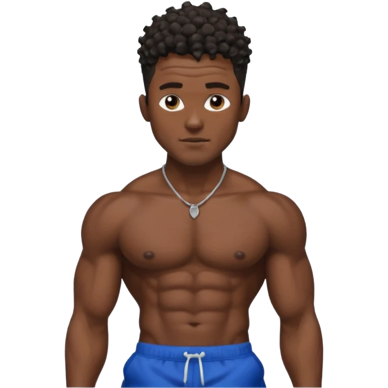 Ripped, athletic man with thick neck, high top fade with no part, curly hair only top only, no shirt and show waistline up, black shorts and more man face emoji