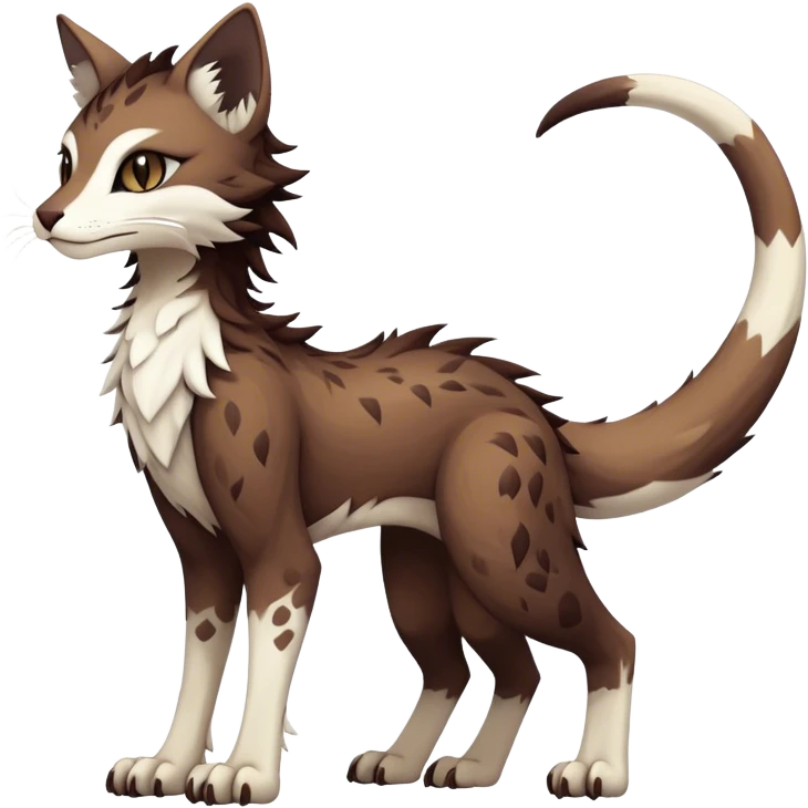 Kawaii dark edgy brown beige white fantasy ethereal feline-vernid-sergal-fursona animal creature with a tufted tail full body with intricate markings  emoji