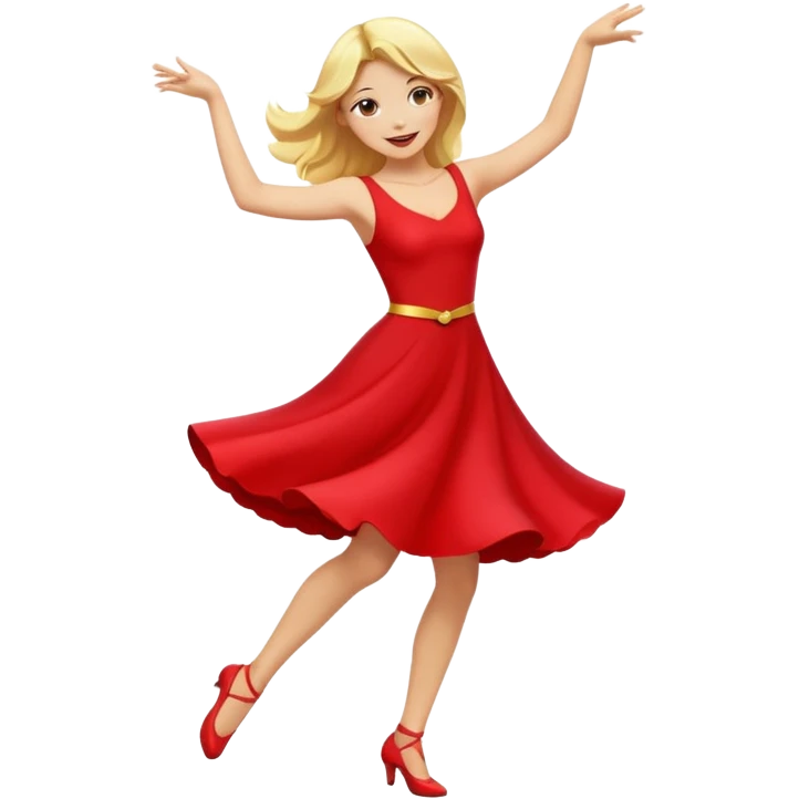 a yellow-blonde woman dancing wearing a red dress, in flat emoji / Apple style, smooth shapes, glossy highlights, bright saturated colors, simple features, minimal details, no outlines, red clothes flowing, joyful pose
 emoji