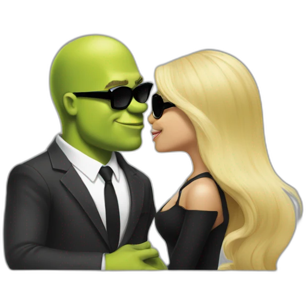 shrek kissing with white-guy-wearing-suit-with-blonde-hair-and-black-sunglasses emoji
